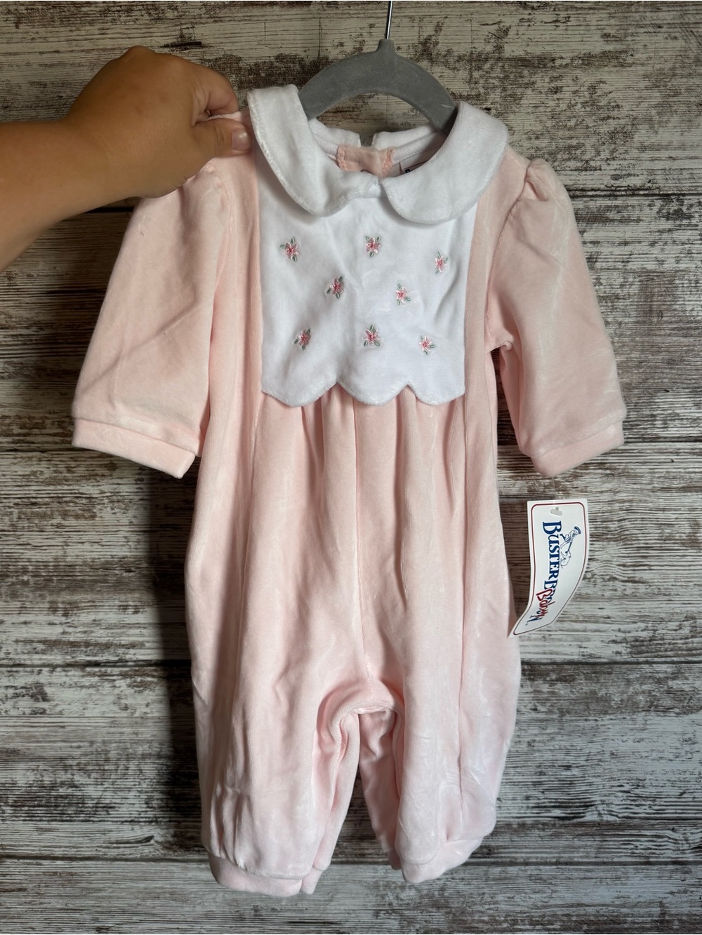 Vintage Buster Brown Pink Baby One-Piece with White Scalloped Collar